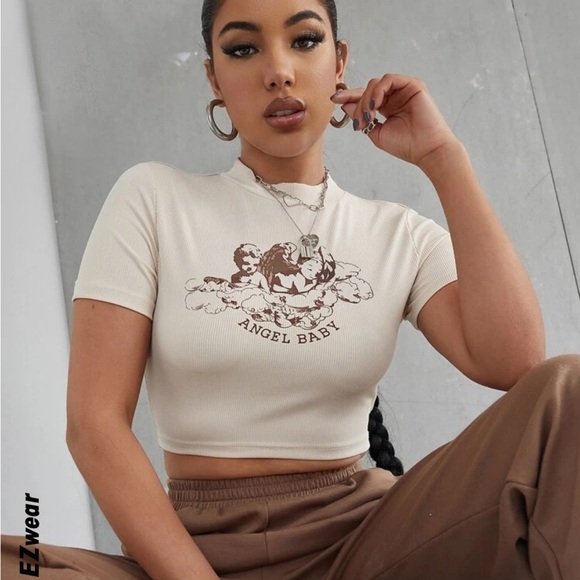 3/30$🤍 SHEIN | Beige ribbed "Angel baby" cropped baby tee - Picture 3 of 4